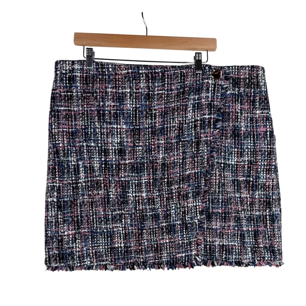Loft Tweed Fringe Faux Wrap Skirt size 18 Black/Pink/Blue Multicolor